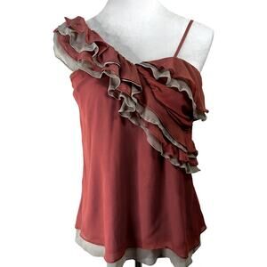MM Couture | 100% Silk One Shoulder Ruffle Top Terracotta Red & Taupe | Size M